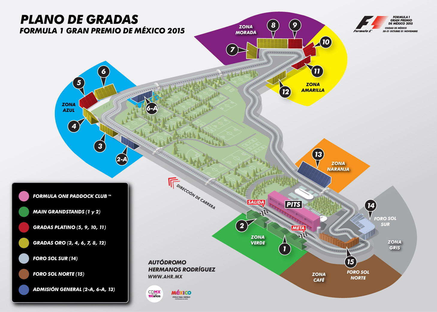 Mapa de zonas dentro de Autódromo Hermanos Rodriguez. 