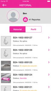 App Bache 24 CDMX pantalla historial