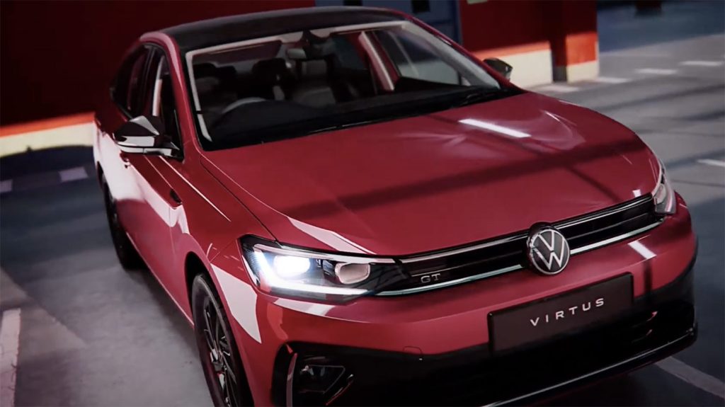 Volkswagen Nuevo Virtus 2023 color rojo y su renovado frente