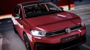 Volkswagen Nuevo Virtus 2023 color rojo y su renovado frente