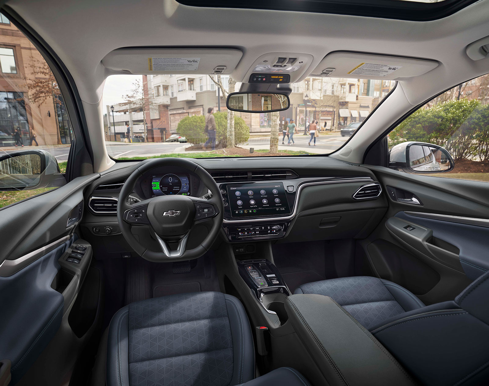 Chevrolet Bolt EUV 2022 en México diseño interior asientos, volante, pantallas