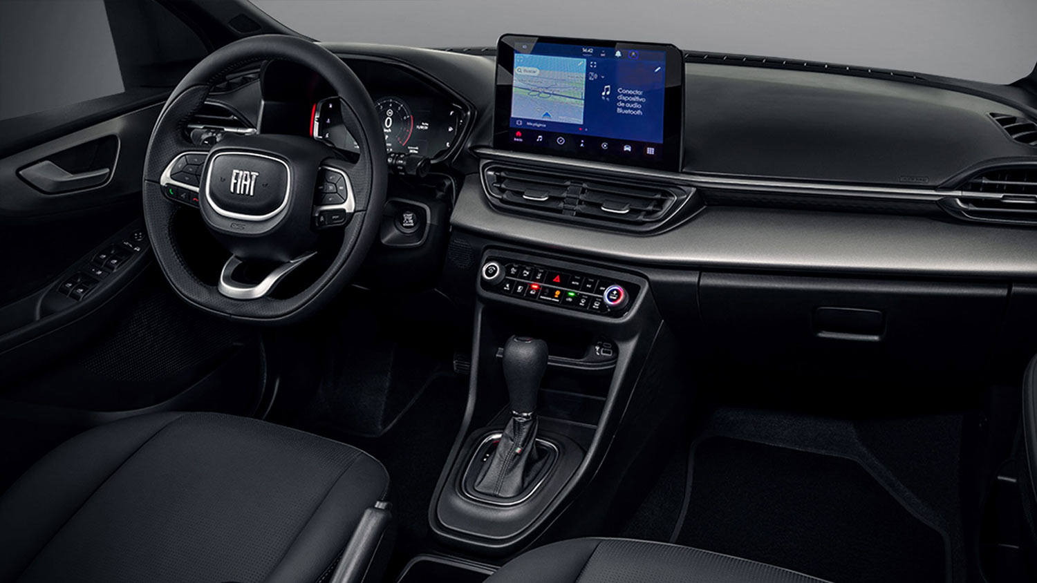 Interiores del Fiat Pulse 2023 para México - pantalla touch, volante con cambios y controles, pantalla con Android Auto