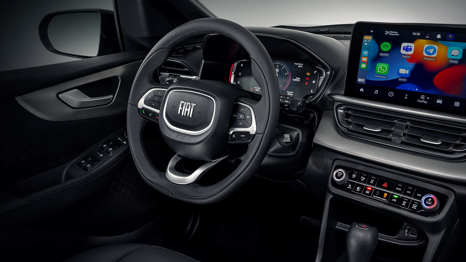Interiores del Fiat Pulse 2023 para México - pantalla touch, volante con cambios y controles, pantalla con Android Auto y Apple Car Play inalámbricos