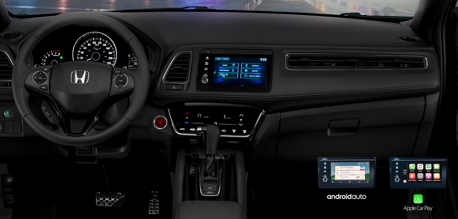 Honda HR-V 2023 en México interior pantalla touch, volante con controles, aire automático y palanca