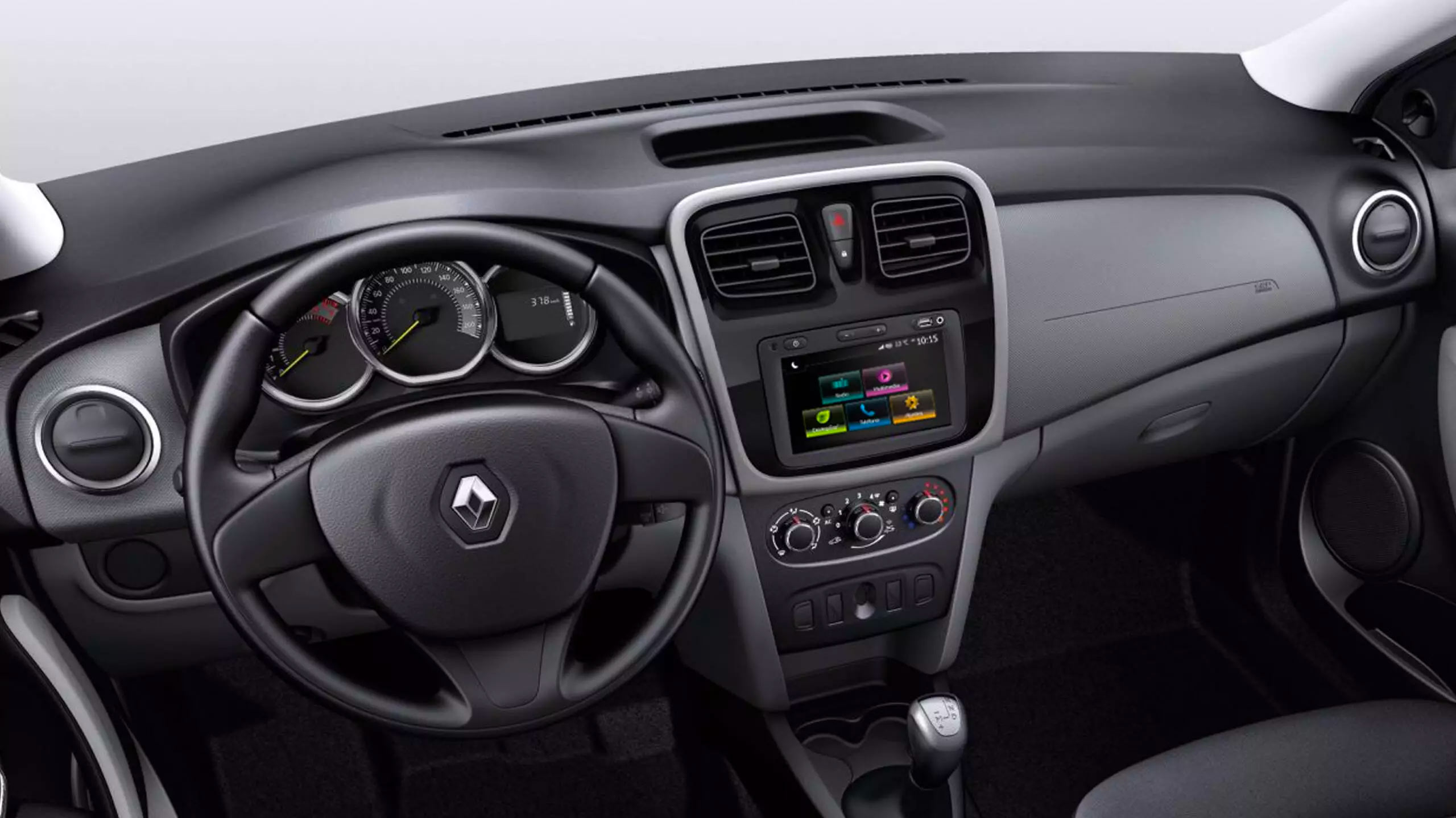 Renault Logan 2023 en México, interiores con pantalla touch de 7 pulgadas con Android Auto y Apple Carplay, volante con controles