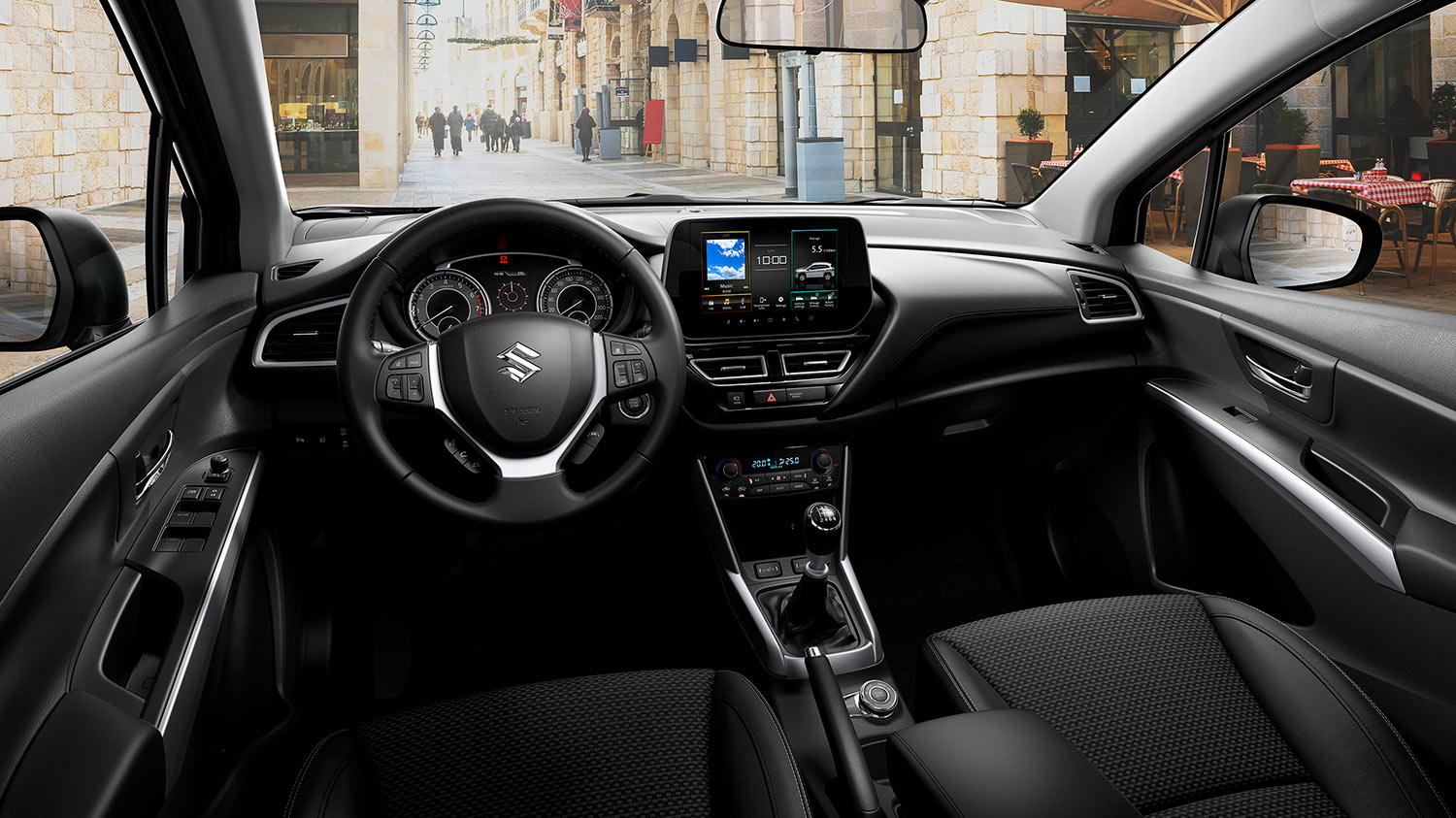 Suzuki S-Cross 2023 interiores con volante multifunción, pantalla flotante y acabados de calidad