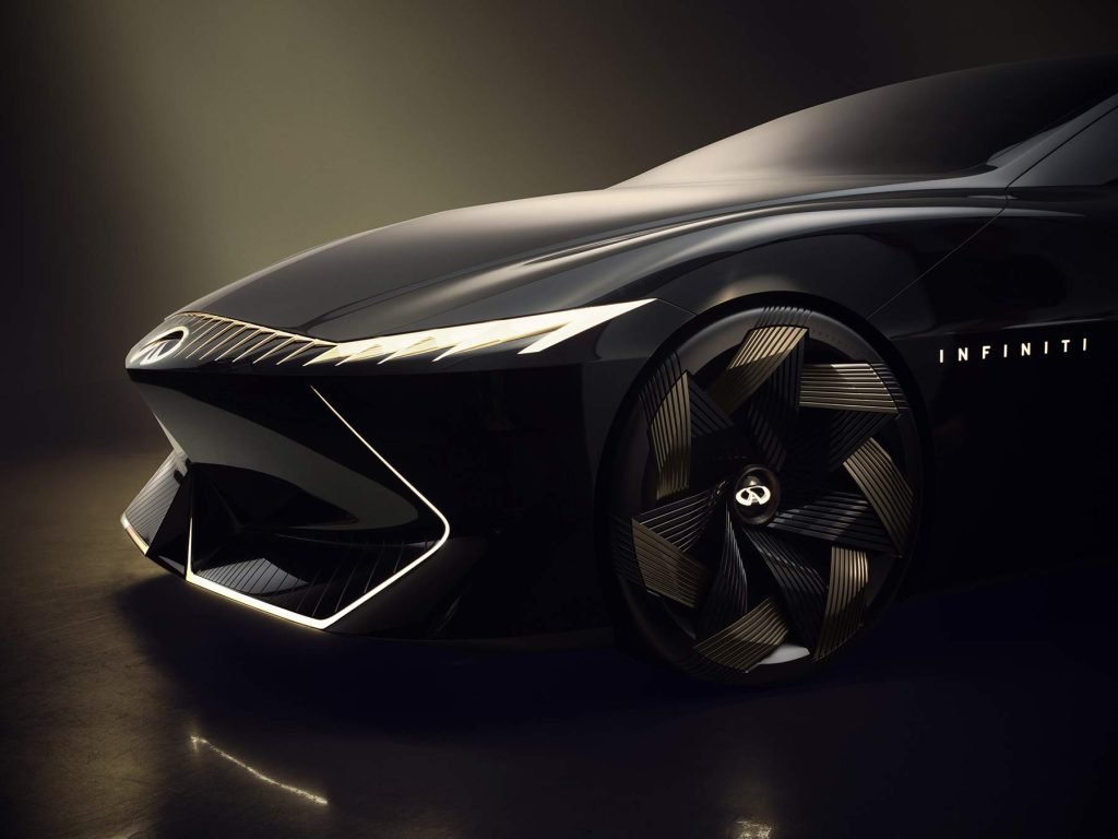 Infiniti Vision Qe concept - primer auto eléctrico de la marca - diseño exterior parte lateral izquierdo, rines deportivos