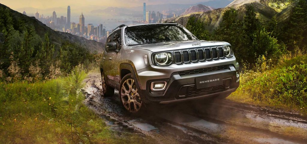 Jeep Renegade 2024 en México - diseño exterior frontal y rines frontales en terreno difícil