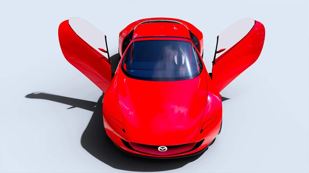 Mazda Iconic SP con motor de combustible neutro de carbono diseño exterior puertas abiertas