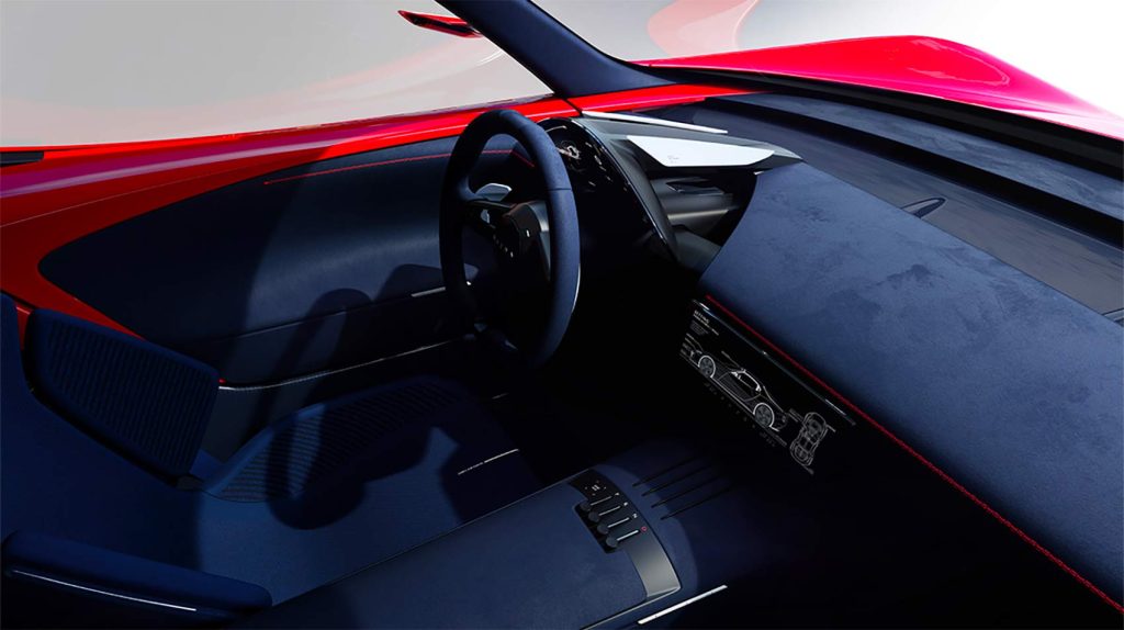 Mazda Iconic SP con motor de combustible neutro de carbono diseño interior consola, pantalla, tablero y volante