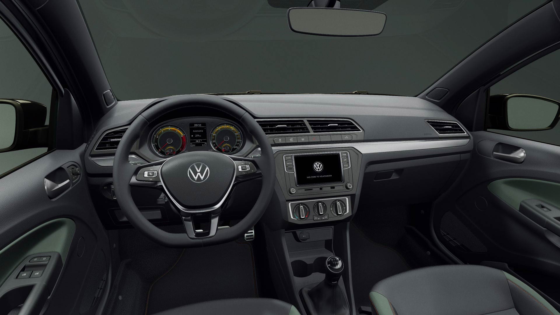 Volkswagen Saveiro 2024 en México - interiores - volante con controles, pantalla, aire acondicionado, palanca
