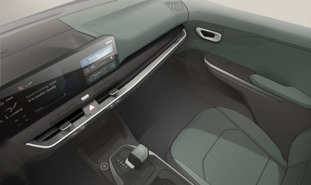 Kia K4 2025 - diseño interior - renders de asientos, consola central, pantalla, palanca