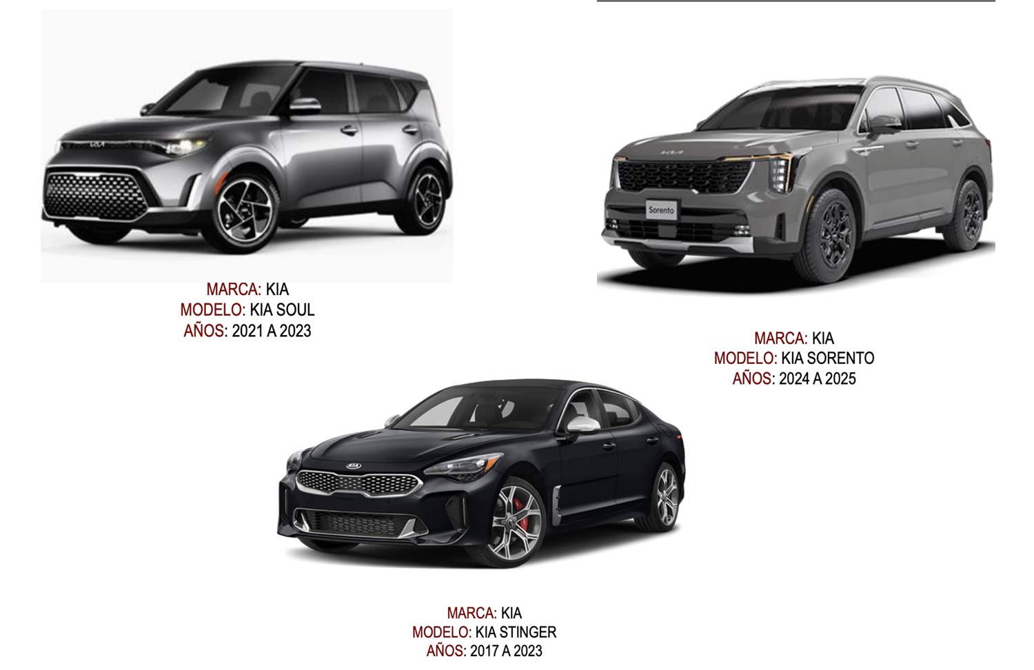 Llamado a revisión de Kia: fallas en seguridad en Sorento, Soul y Stinger, años 2017 a 2025