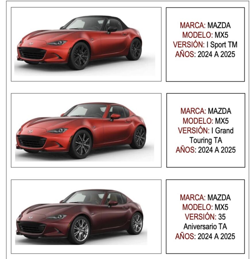Alerta de seguridad llamado a revisión MAZDA MX-5 2024 a 2025